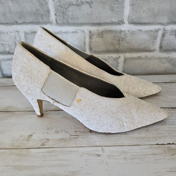 Free People White Glitter Florence Kitten Heel 37 Retro Wedding Prom Dance 6.5 - Picture 2 of 10